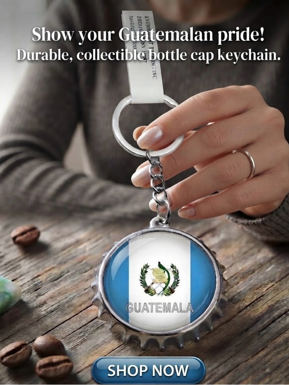 Guatemala Flag Bottle Cap Keychain - Silver